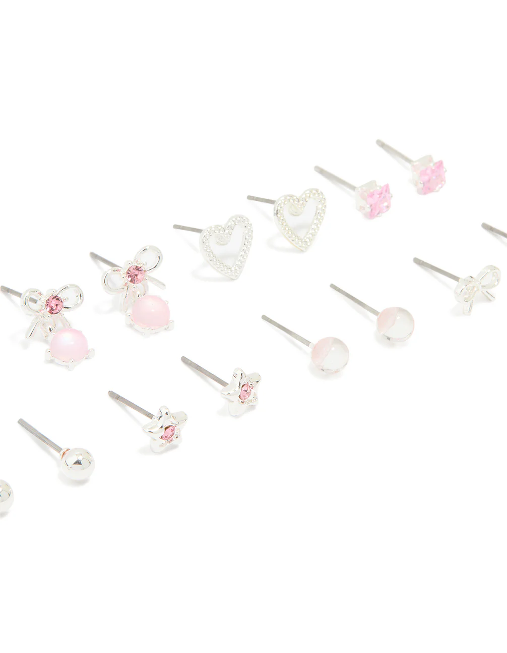 Silver Pink Diamante Heart & Bow Mixed Earrings 8-Pack - Image 2