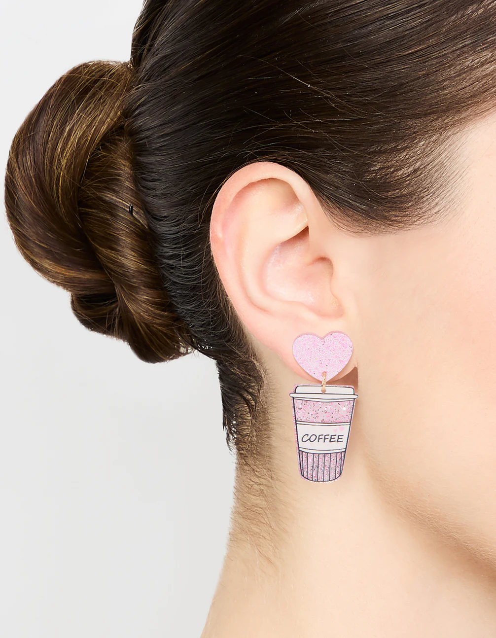 Silver Pink Heart Coffee Drop Earrings - Image 2