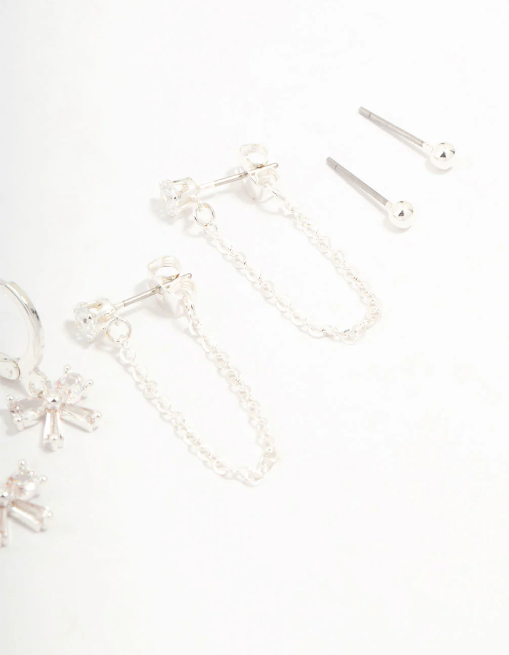 Silver Plated Bow Cubic Zirconia  Chain & Stud Earrings 4-Pack - Image 3