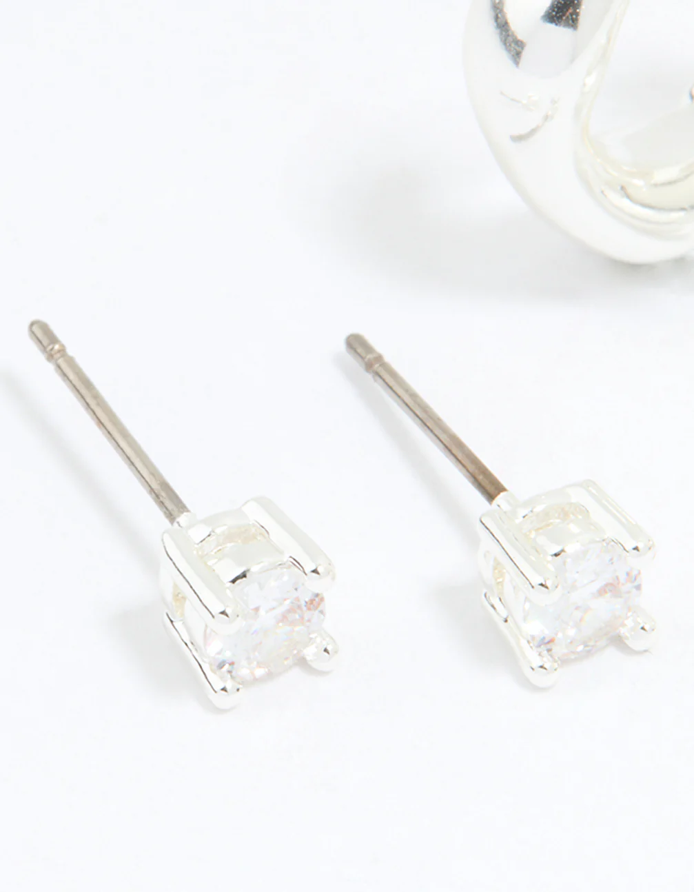 Silver Plated Brass Cubic Zirconia Baguette Hoops & Stud Earrings 4-Pack - Image 2
