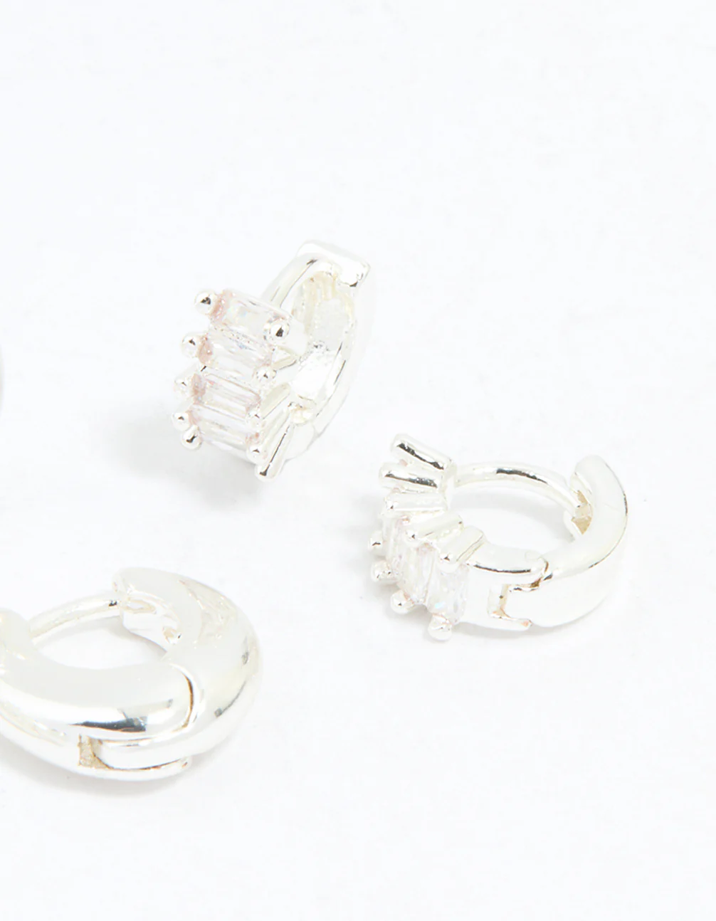 Silver Plated Brass Cubic Zirconia Baguette Hoops & Stud Earrings 4-Pack - Image 3