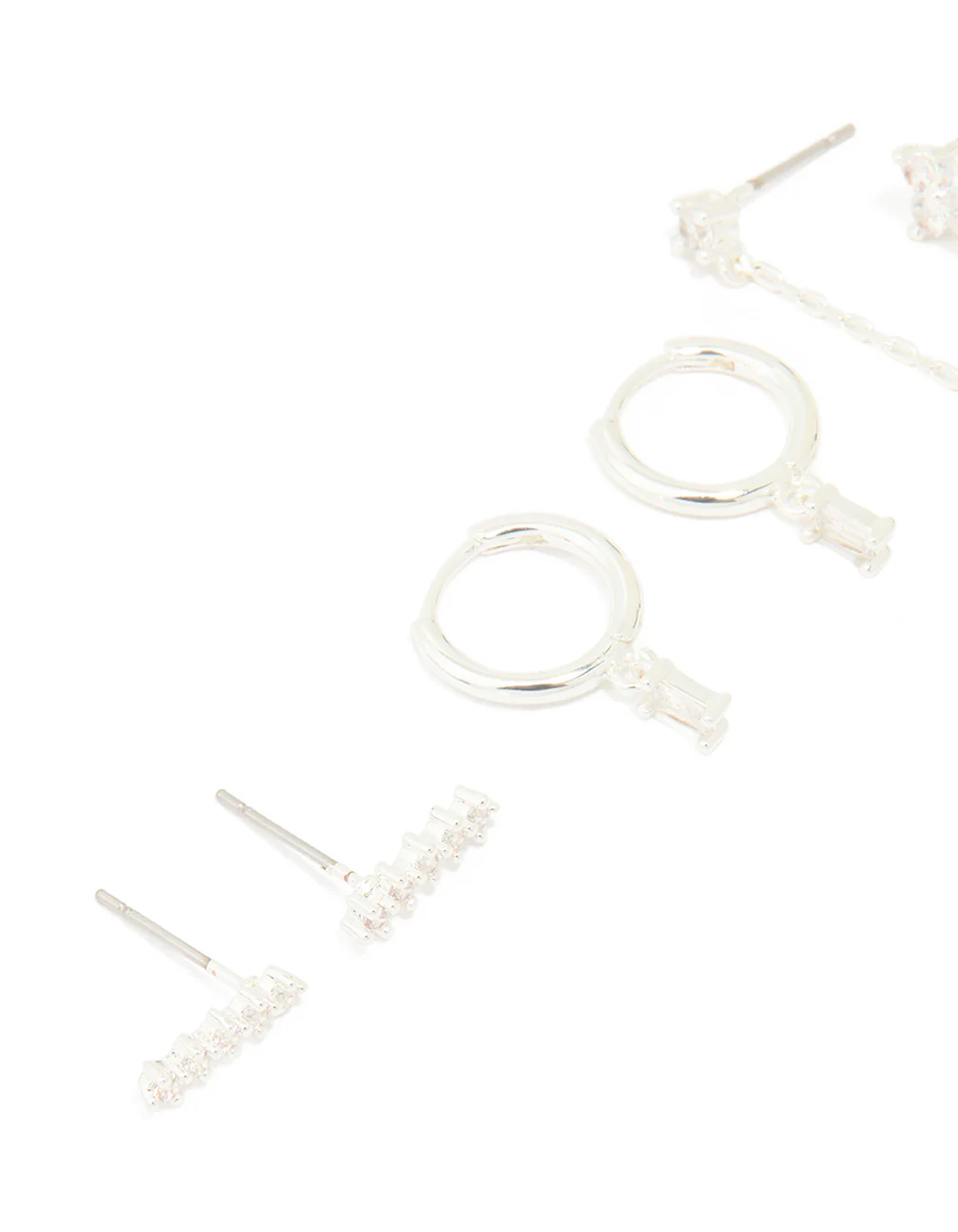 Silver Plated Brass Cubic Zirconia Chain & Stud Earrings 3-Pack - Image 2