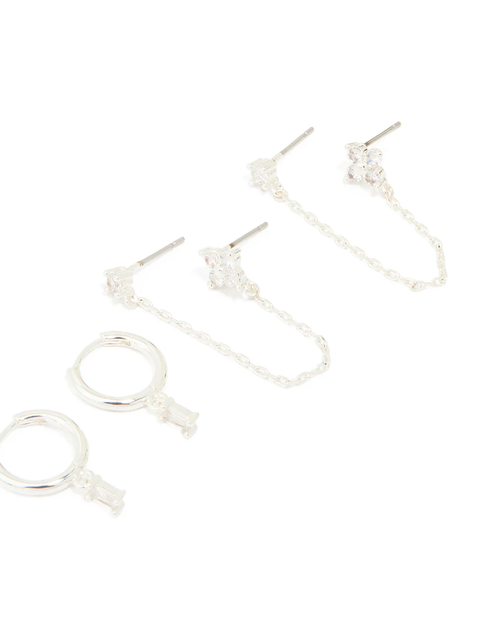 Silver Plated Brass Cubic Zirconia Chain & Stud Earrings 3-Pack - Image 3