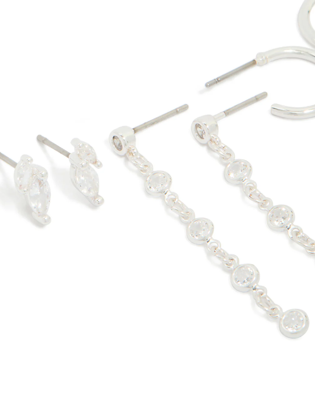 Silver Plated Brass Cubic Zirconia Circle Chain & Stud Earrings 4-Pack - Image 2