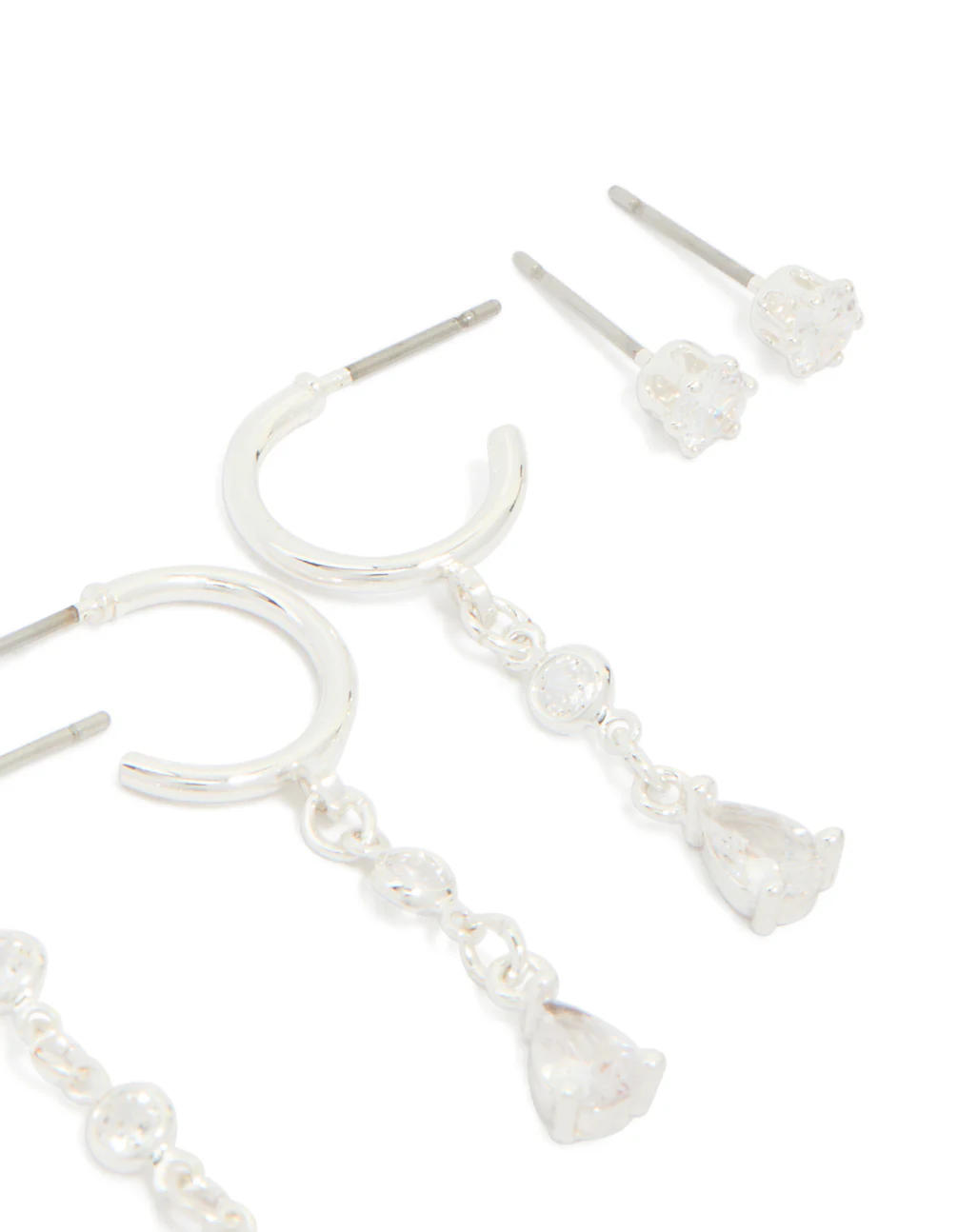 Silver Plated Brass Cubic Zirconia Circle Chain & Stud Earrings 4-Pack - Image 3