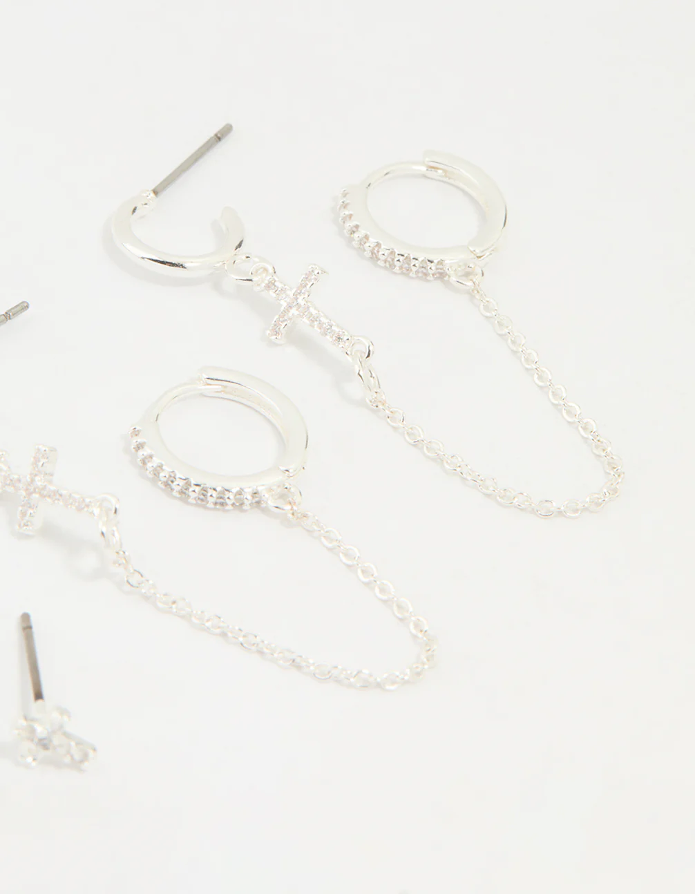 Silver Plated Brass Cubic Zirconia Cross Stud & Chain Earrings 4-Pack - Image 3