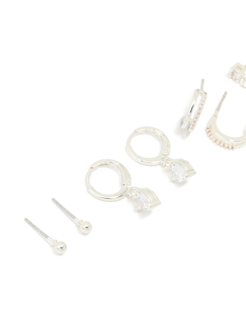Silver Plated Brass Cubic Zirconia Heart Huggie & Stud Earrings 4-Pack - Image 2
