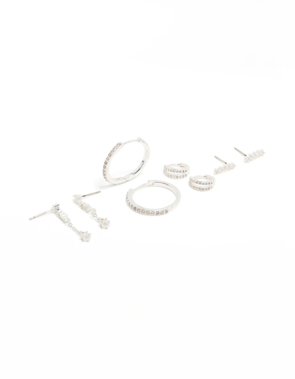Silver Plated Brass Cubic Zirconia Large Hoop & Cuff Earrings 4-Pack
