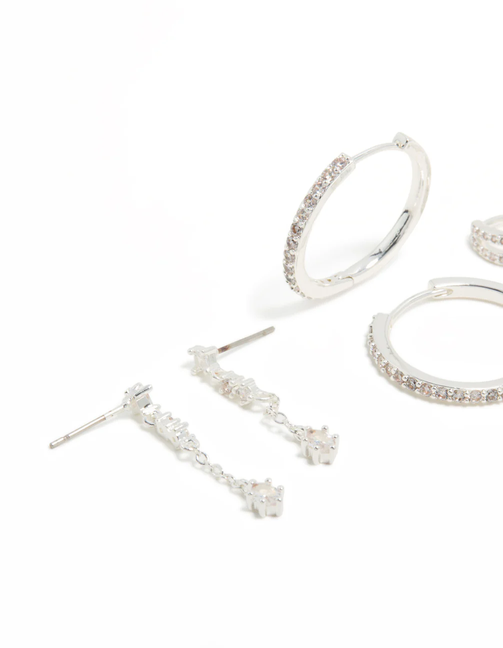 Silver Plated Brass Cubic Zirconia Large Hoop & Cuff Earrings 4-Pack - Image 2