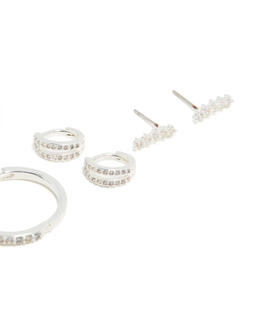 Silver Plated Brass Cubic Zirconia Large Hoop & Cuff Earrings 4-Pack - Image 3