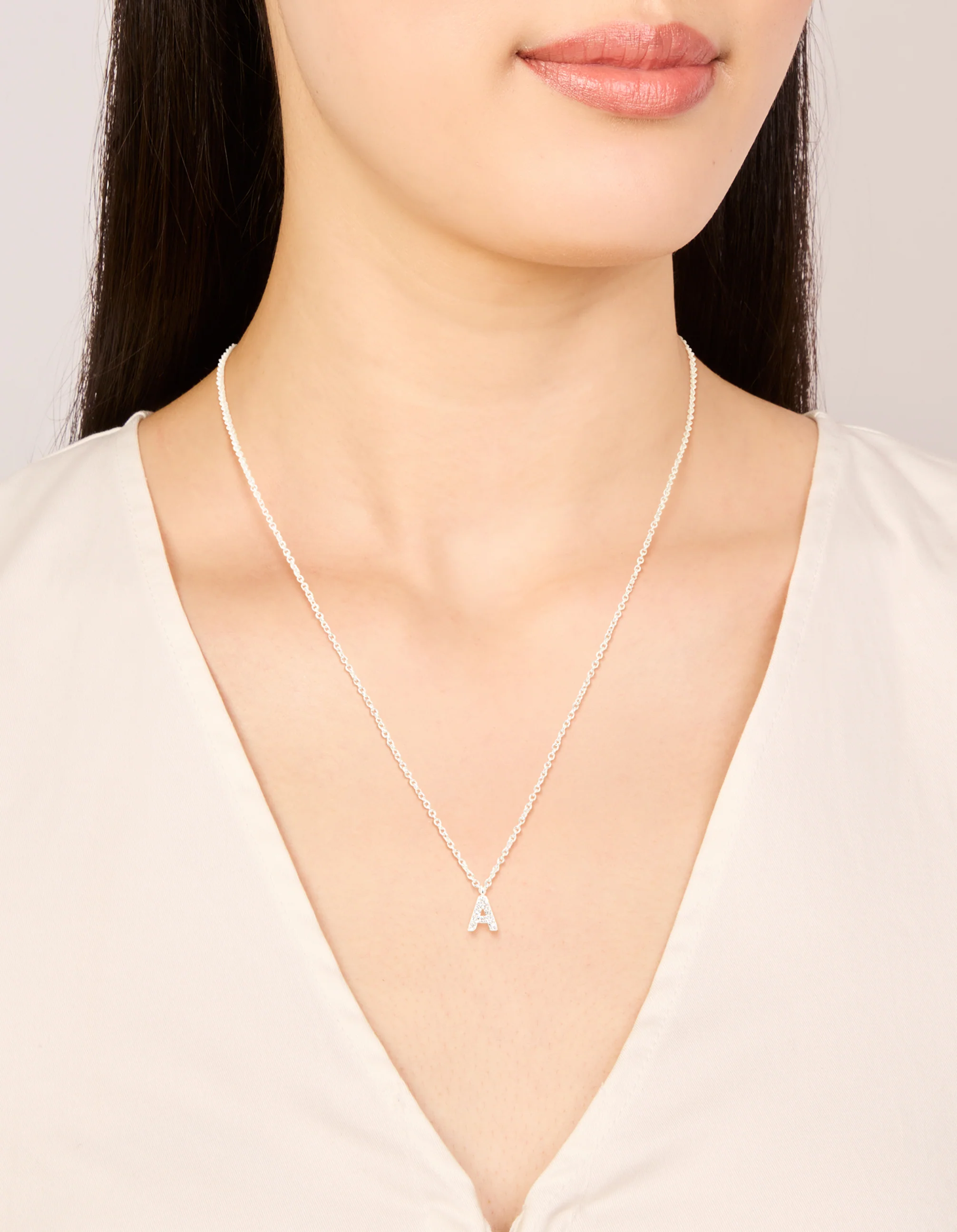Silver Plated Brass Cubic Zirconia Letter A Necklace - Image 2