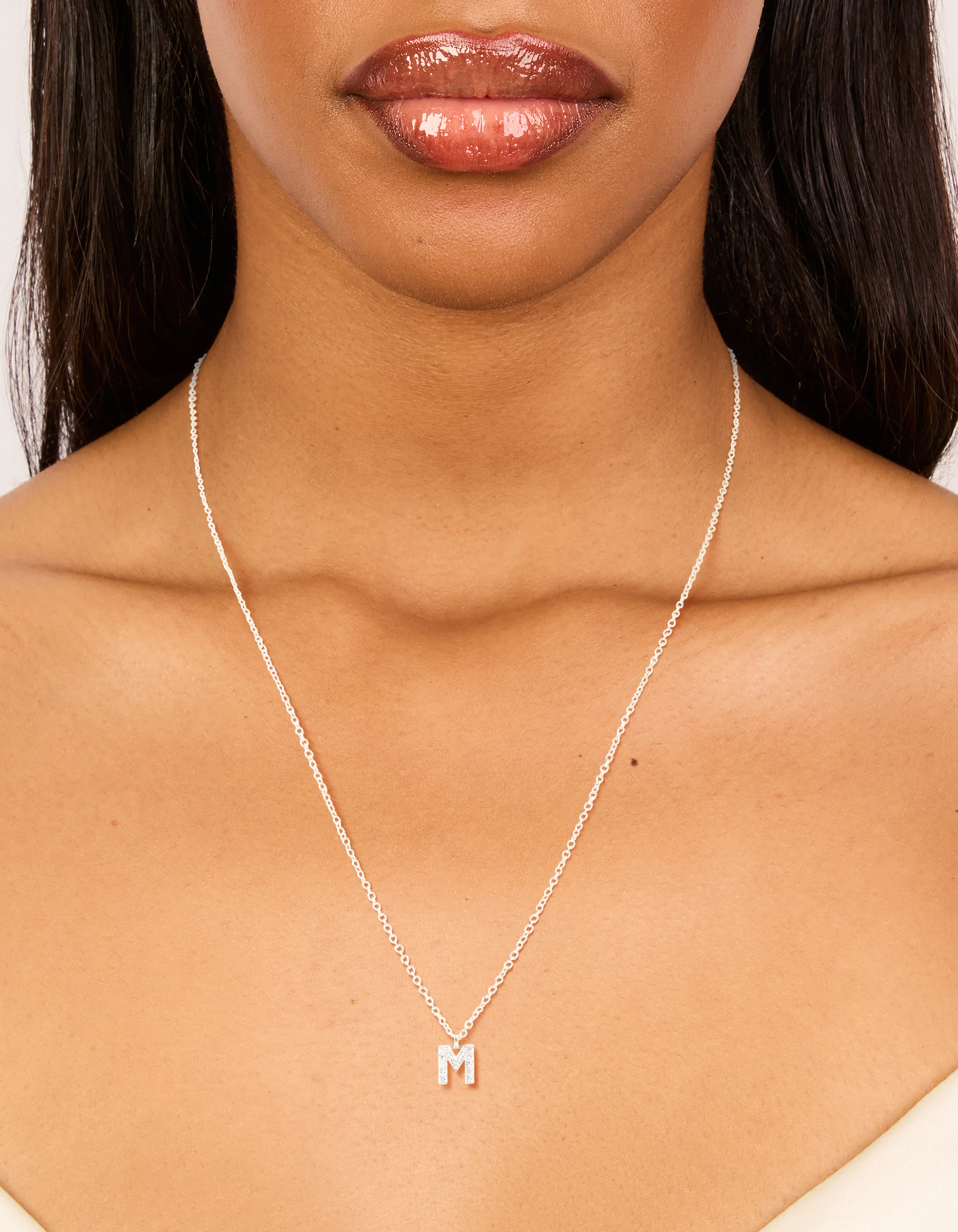 Silver Plated Brass Cubic Zirconia Letter M Necklace - Image 2