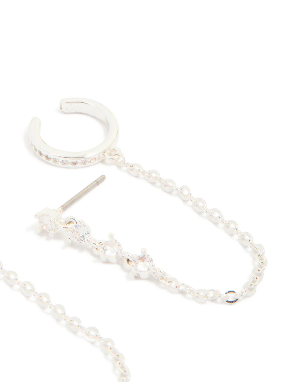 Silver Plated Brass Cubic Zirconia Stud & Dainty Chain Stud Earrings 3-Pack - Image 3