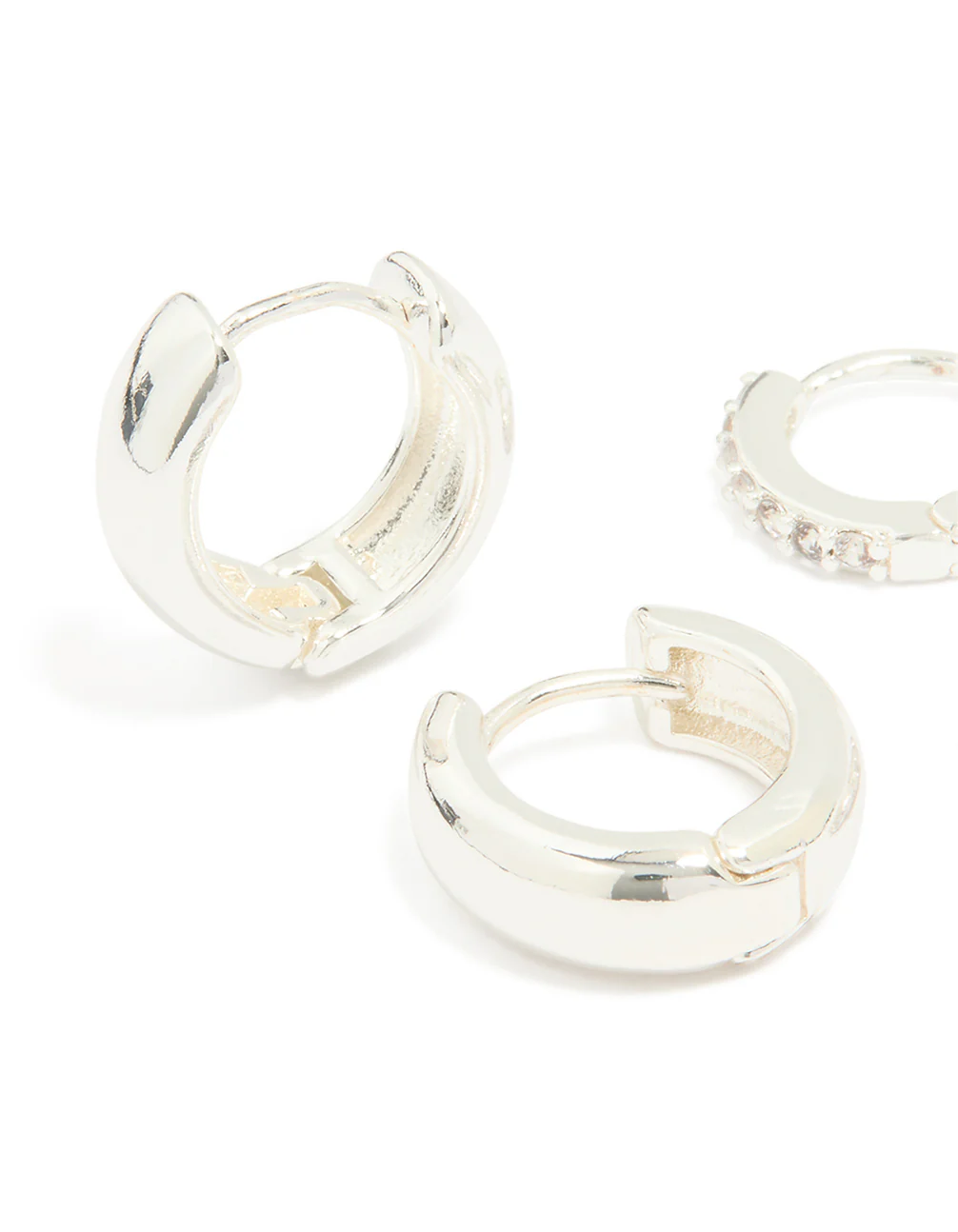 Silver Plated Brass Mini Cubic Zirconia & Plain Huggie Earrings 2-Pack - Image 2