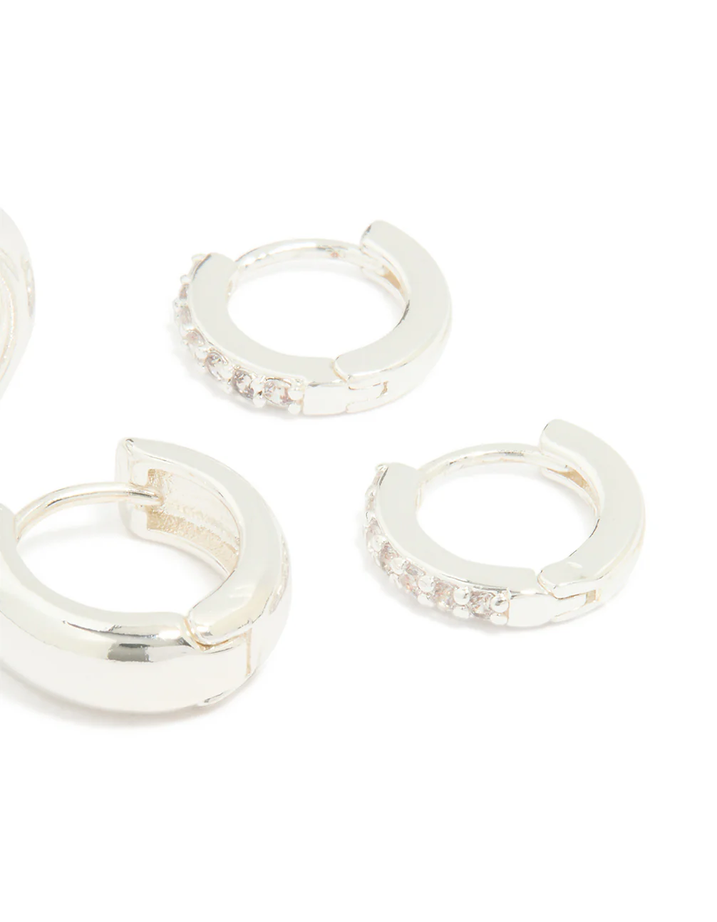 Silver Plated Brass Mini Cubic Zirconia & Plain Huggie Earrings 2-Pack - Image 3