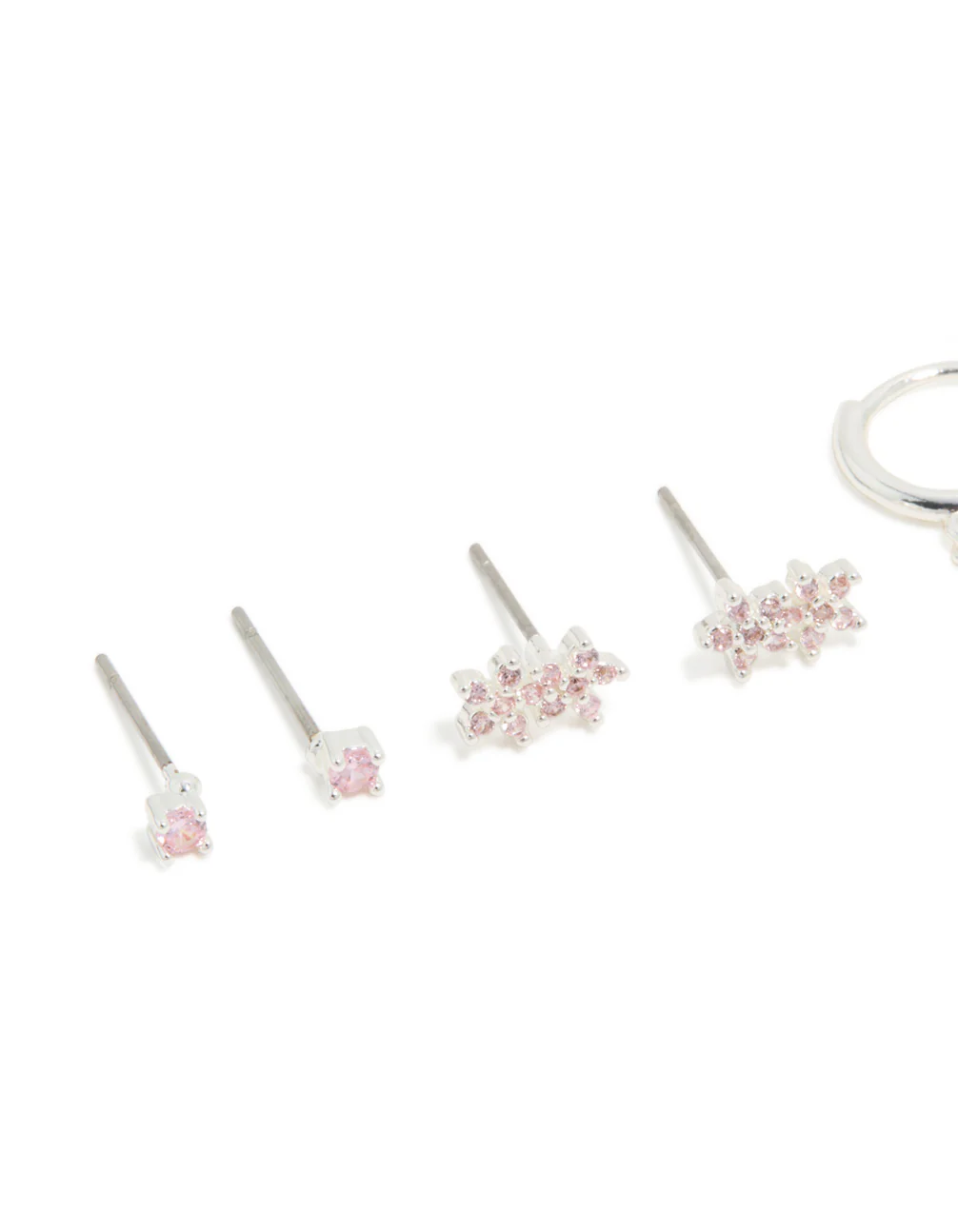 Silver Plated Brass Pink Cubic Zirconia Flower Stud & Hoop Earrings 4-Pack - Image 2