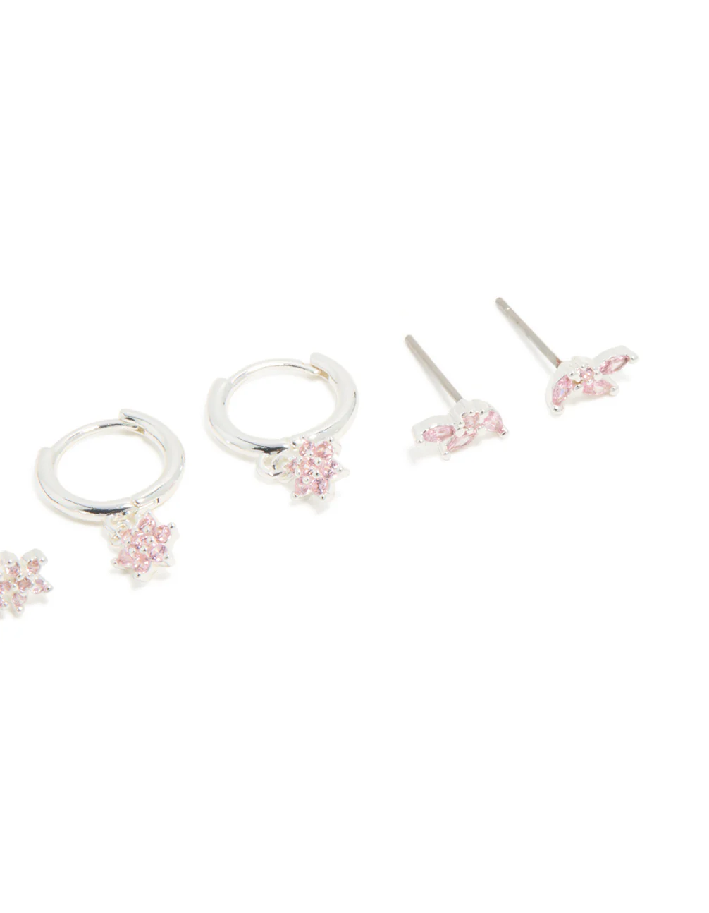 Silver Plated Brass Pink Cubic Zirconia Flower Stud & Hoop Earrings 4-Pack - Image 3