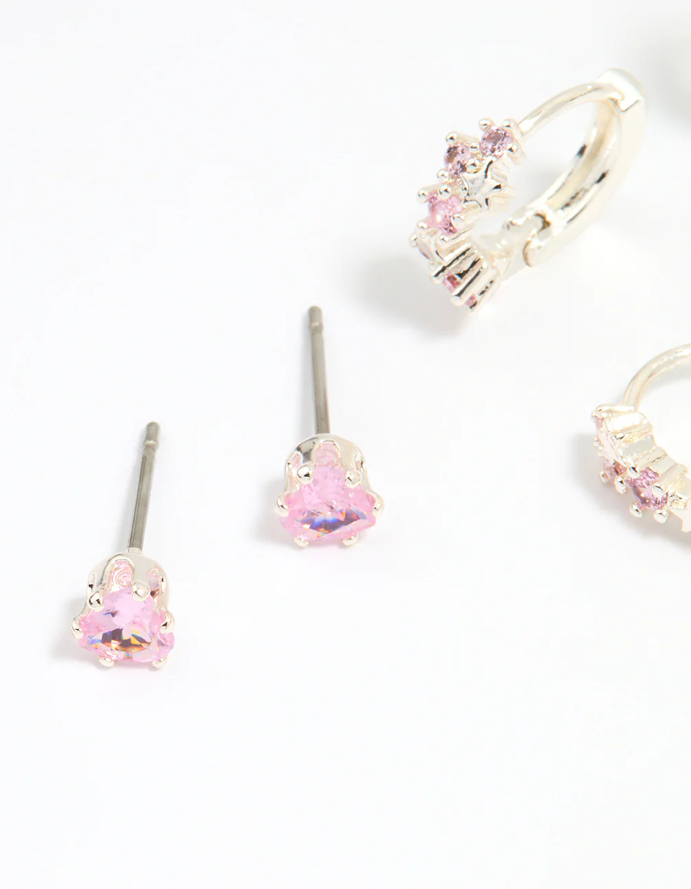 Silver Plated Brass Pink Cubic Zirconia Pave & Butterfly Stud Earrings 4-Pack - Image 2