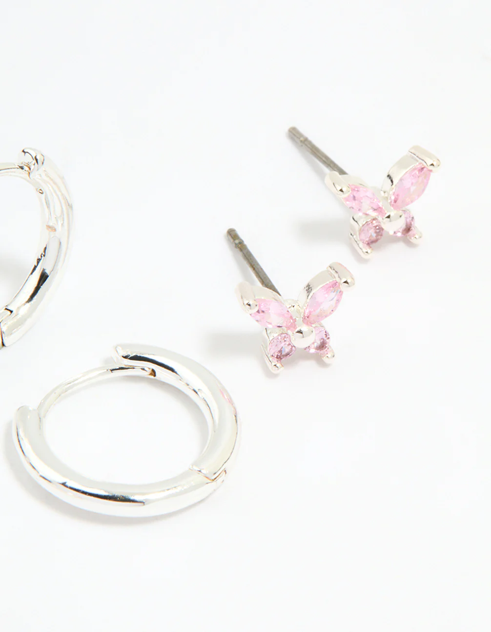 Silver Plated Brass Pink Cubic Zirconia Pave & Butterfly Stud Earrings 4-Pack - Image 3