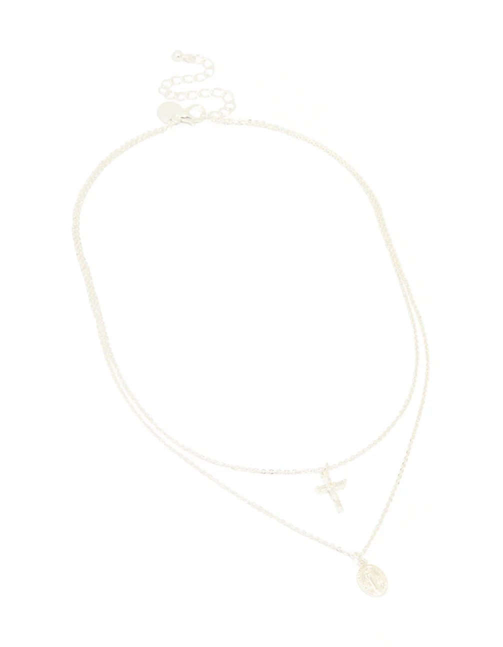 Silver Plated Cross & Mary Pendant Layered Necklace - Image 2