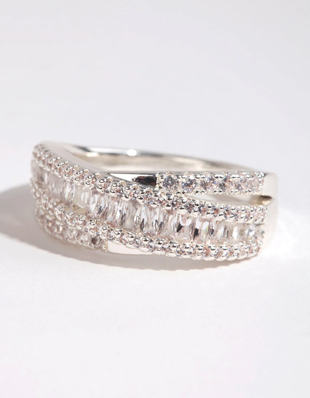 Silver Plated Cubic Zirconia Crossover Baguette Ring - Image 3