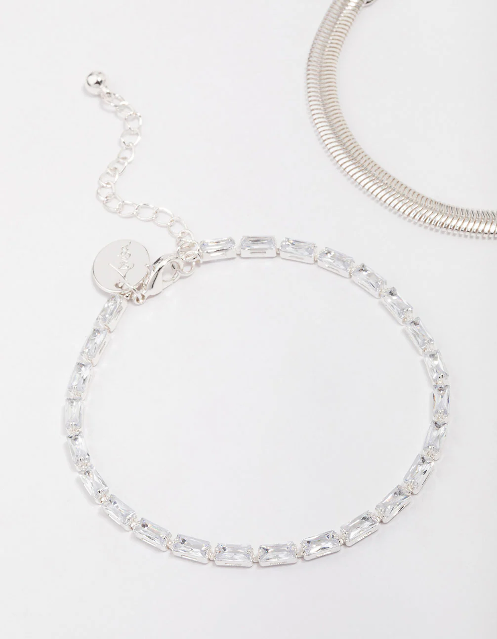 Silver Plated Cubic Zirconia Baguette Snake Double Chain Bracelet Pack - Image 2