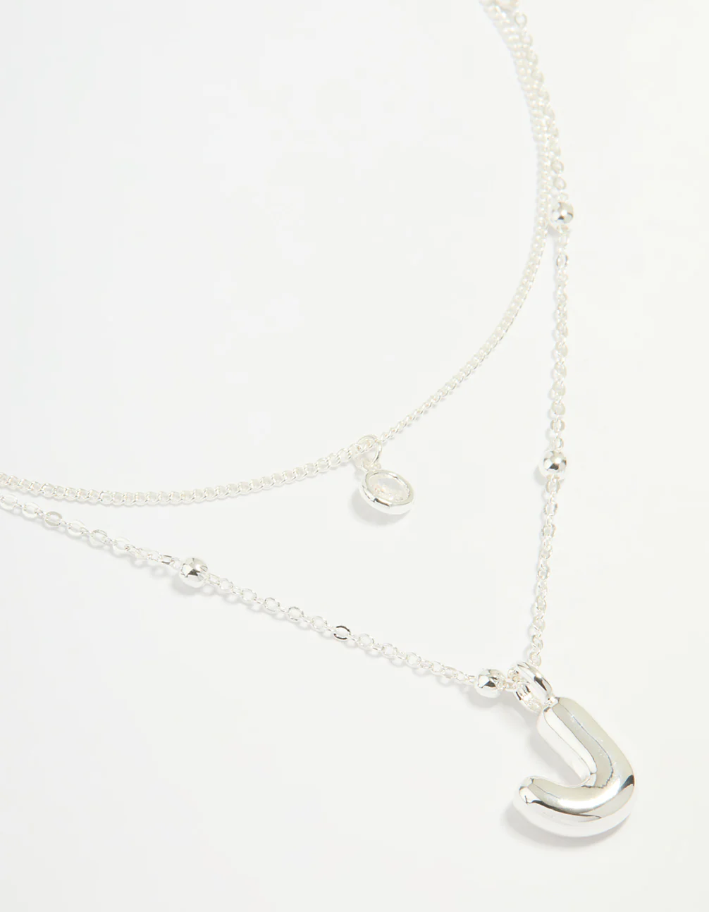 Silver Plated Cubic Zirconia & Bubble Letter J Layered Necklace