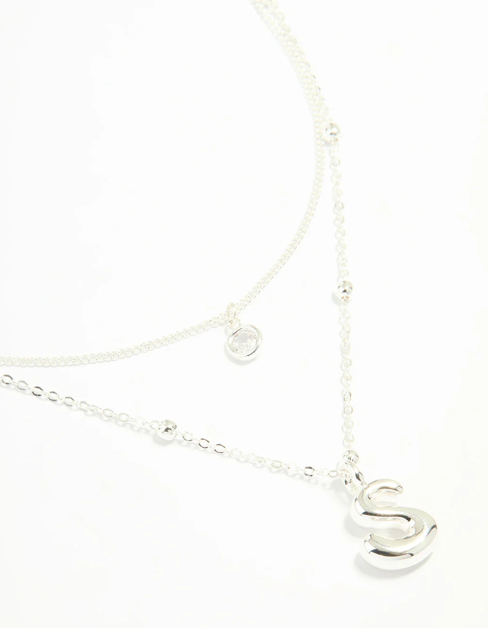 Silver Plated Cubic Zirconia & Bubble Letter L Layered Necklace