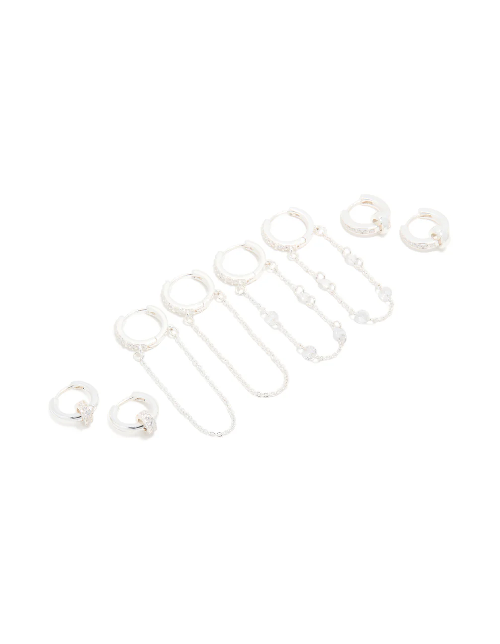 Silver Plated Cubic Zirconia Chained & Rondell Huggie Earrings 4-Pack