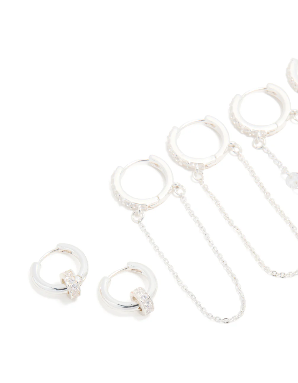 Silver Plated Cubic Zirconia Chained & Rondell Huggie Earrings 4-Pack - Image 2