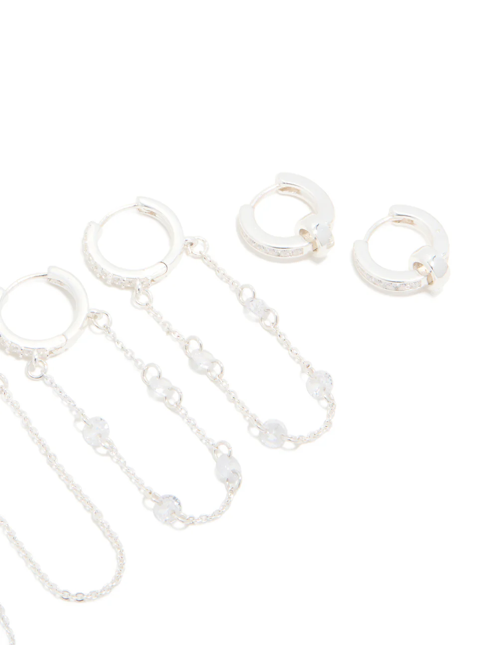 Silver Plated Cubic Zirconia Chained & Rondell Huggie Earrings 4-Pack - Image 3