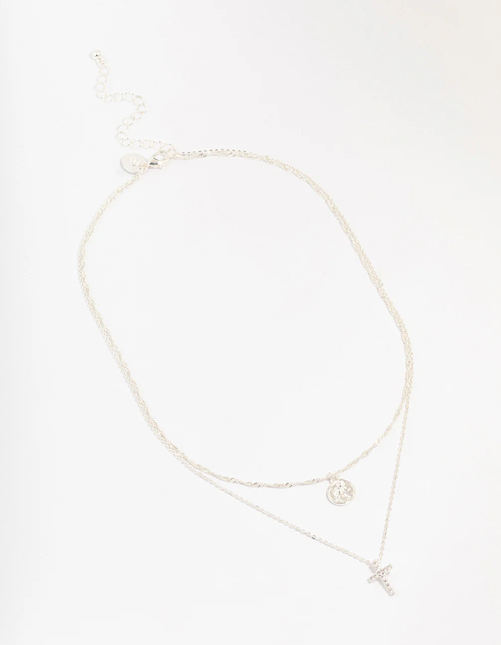 Silver Plated Brass  Cubic Zirconia Cross Coin Layered Necklace - Image 2