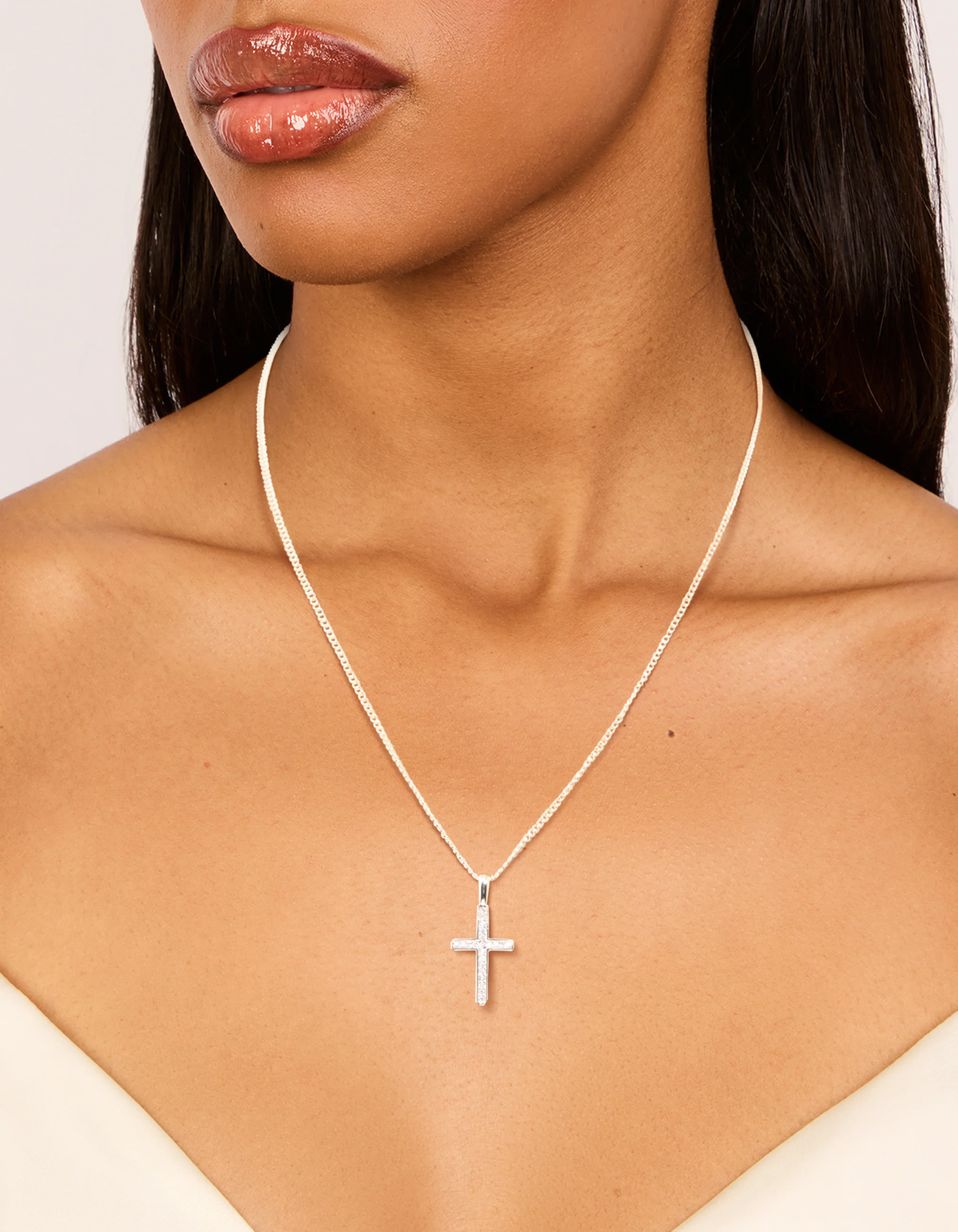 Silver Plated Cubic Zirconia Cross Pendant Necklace - Image 2
