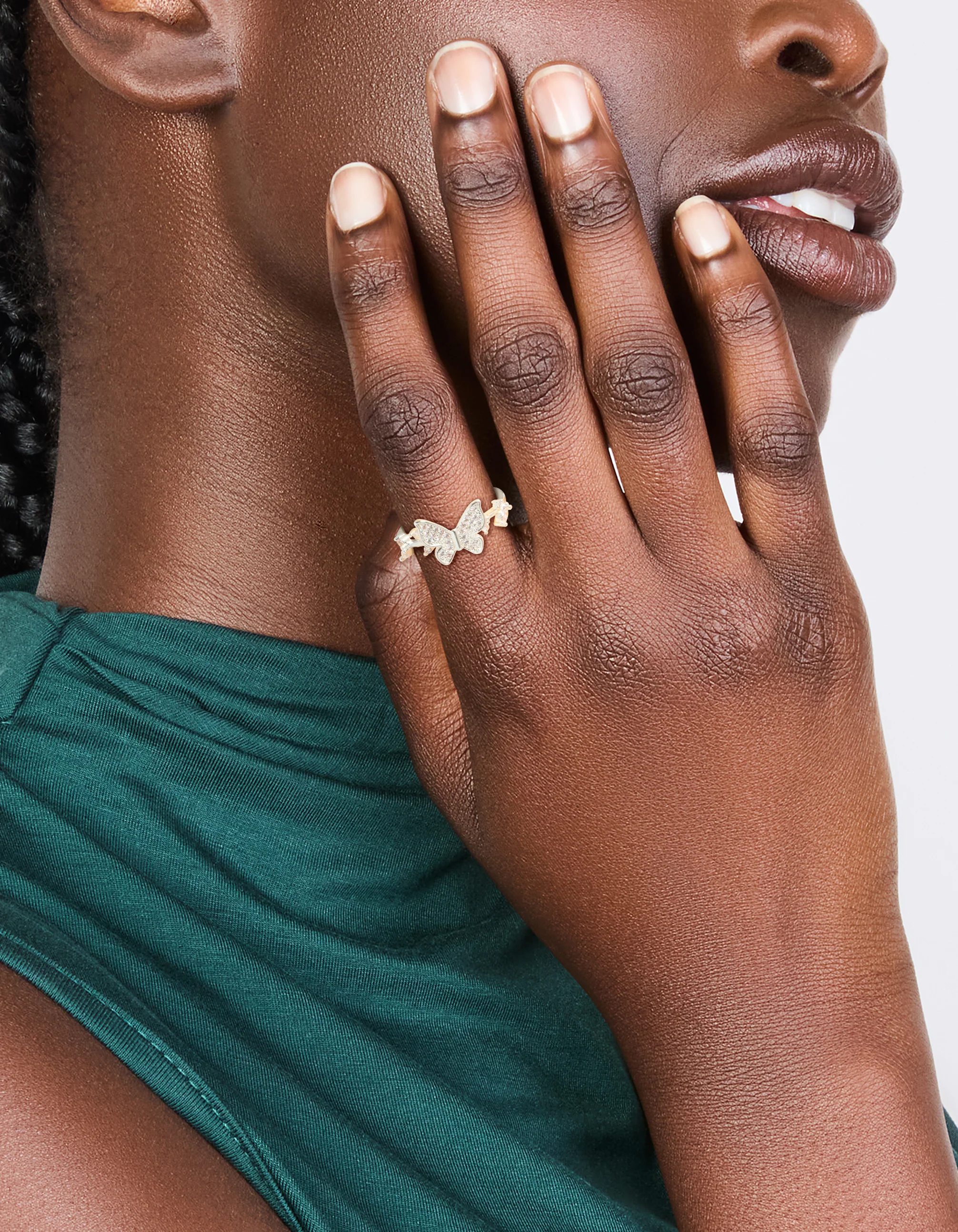 Silver Plated Cubic Zirconia Dainty Butterfly & Leaf Ring - Image 2