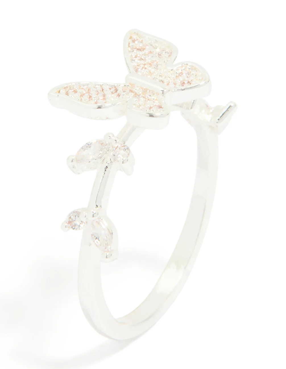 Silver Plated Cubic Zirconia Dainty Butterfly & Leaf Ring - Image 4