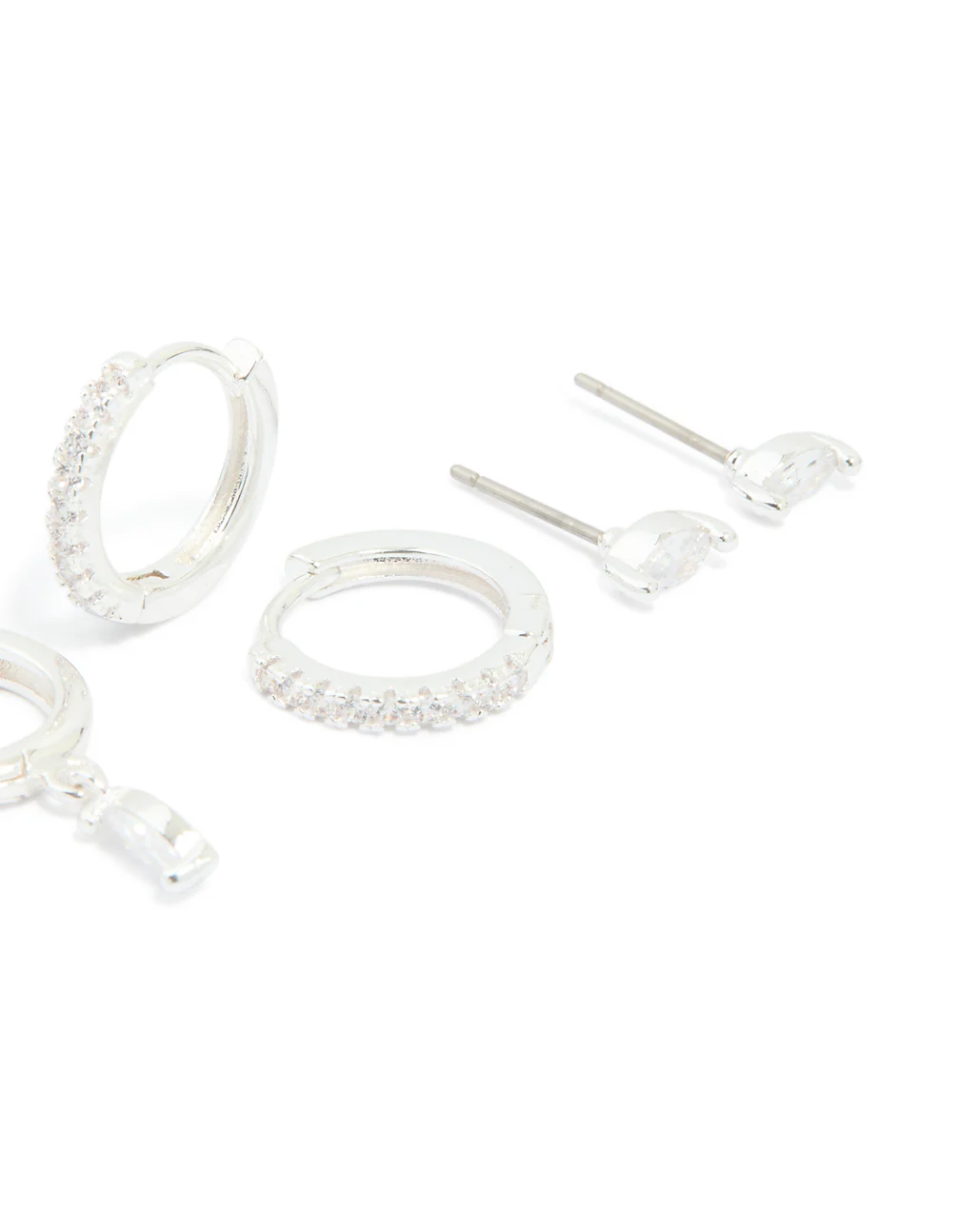 Silver Plated Cubic Zirconia Dainty Stud & Huggie Earrings 4-Pack - Image 3