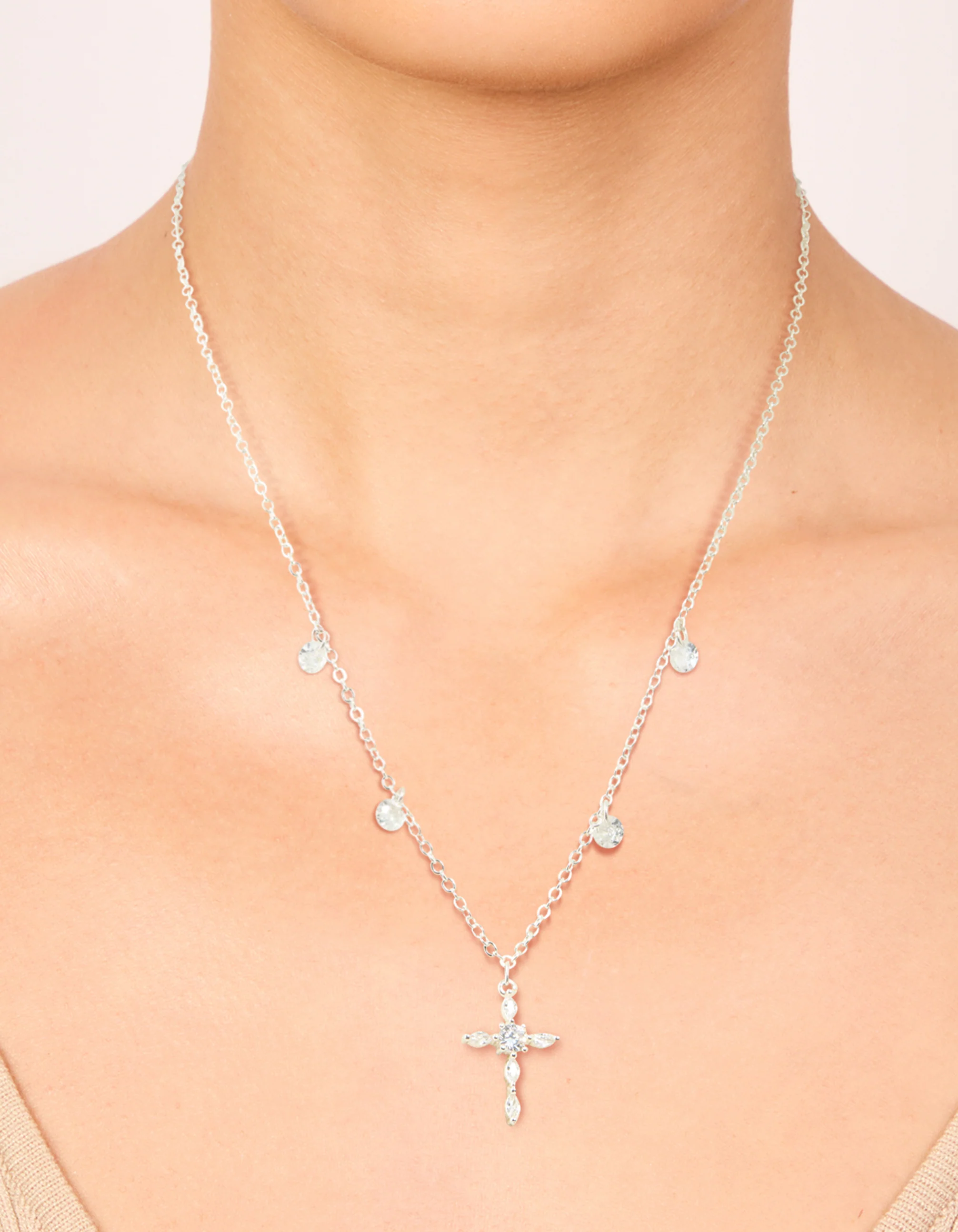 Silver Plated Cubic Zirconia Floating Cross Pendant Necklace - Image 2