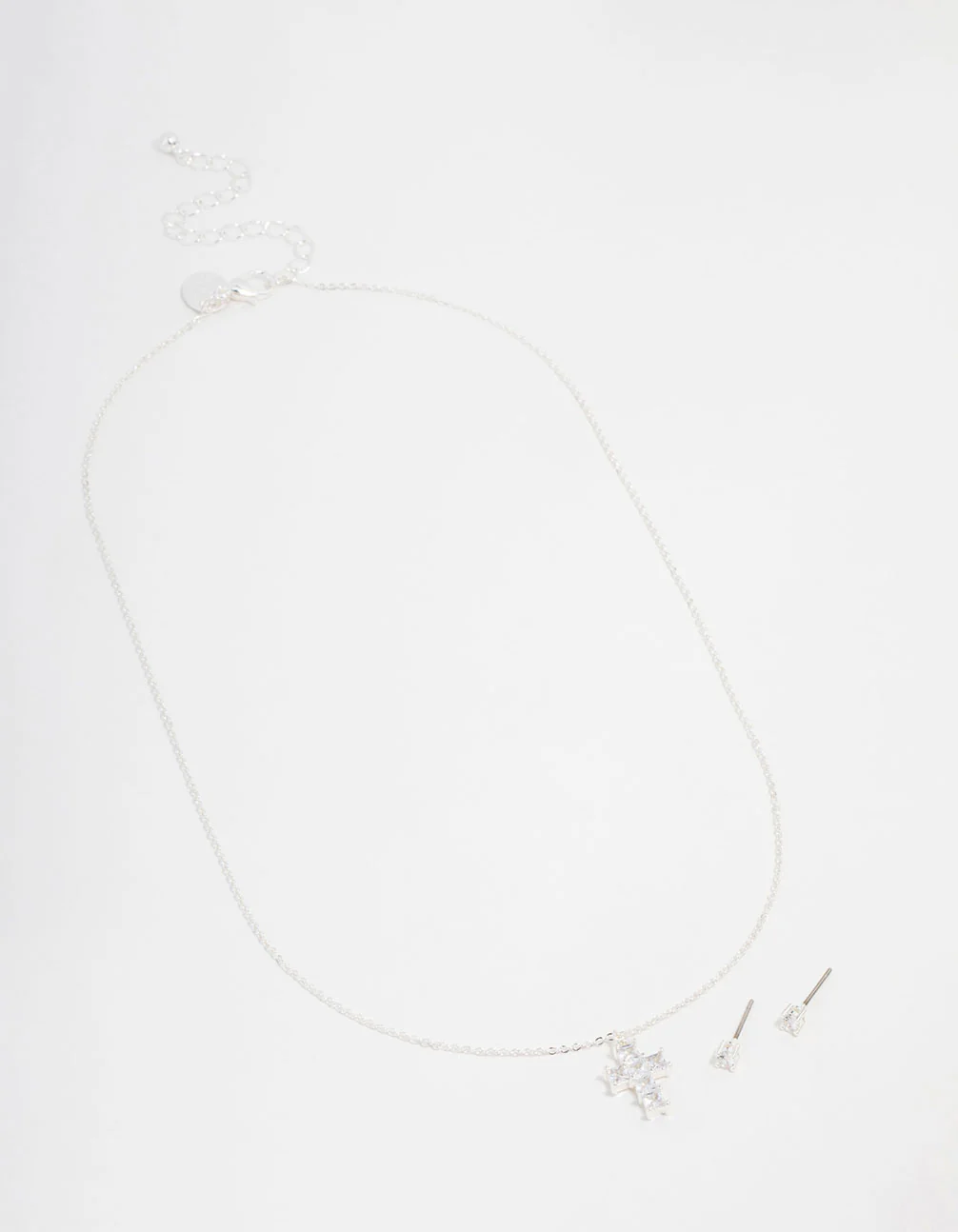 Silver Plated Cubic Zirconia Mini Cross Necklace & Stud Earrings Set - Image 2