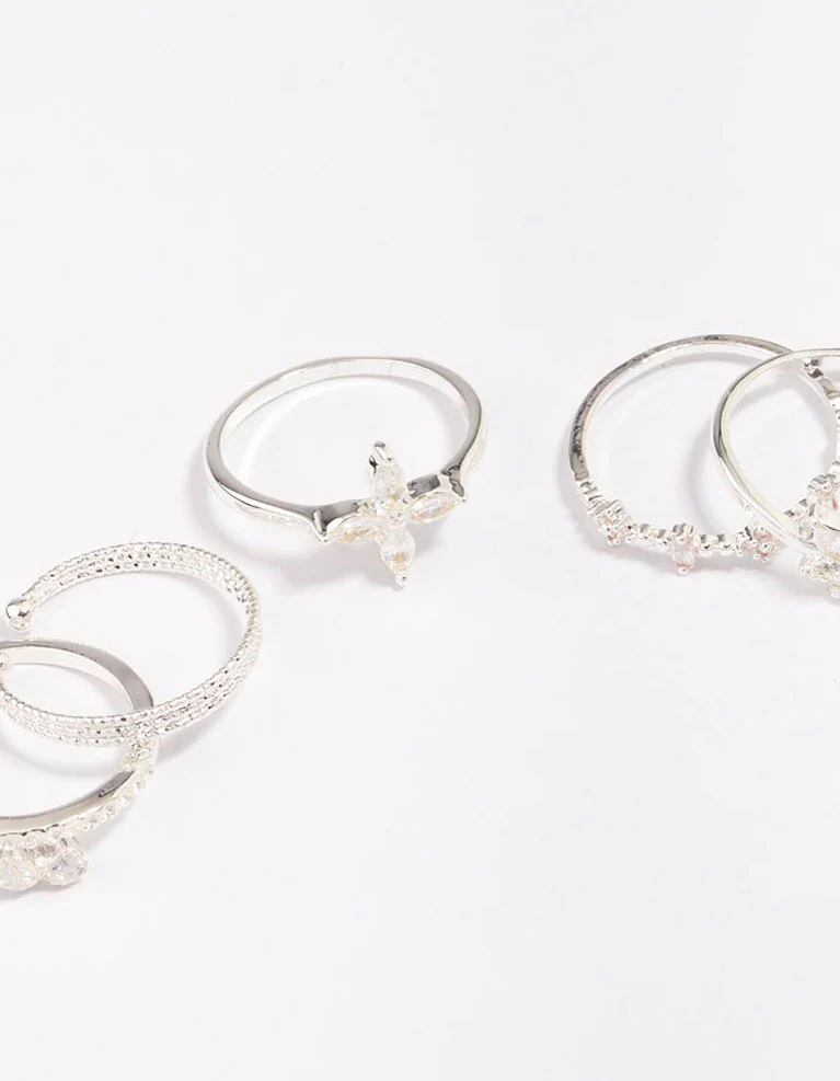 Silver Plated Cubic Zirconia Mixed Leaf Ring 5-Pack - Image 2