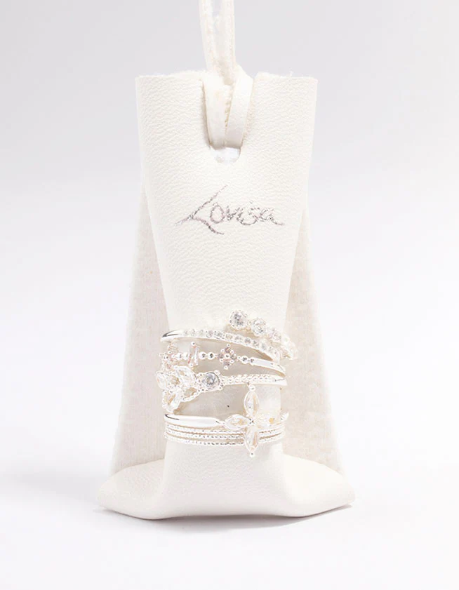 Silver Plated Cubic Zirconia Mixed Leaf Ring 5-Pack - Image 3