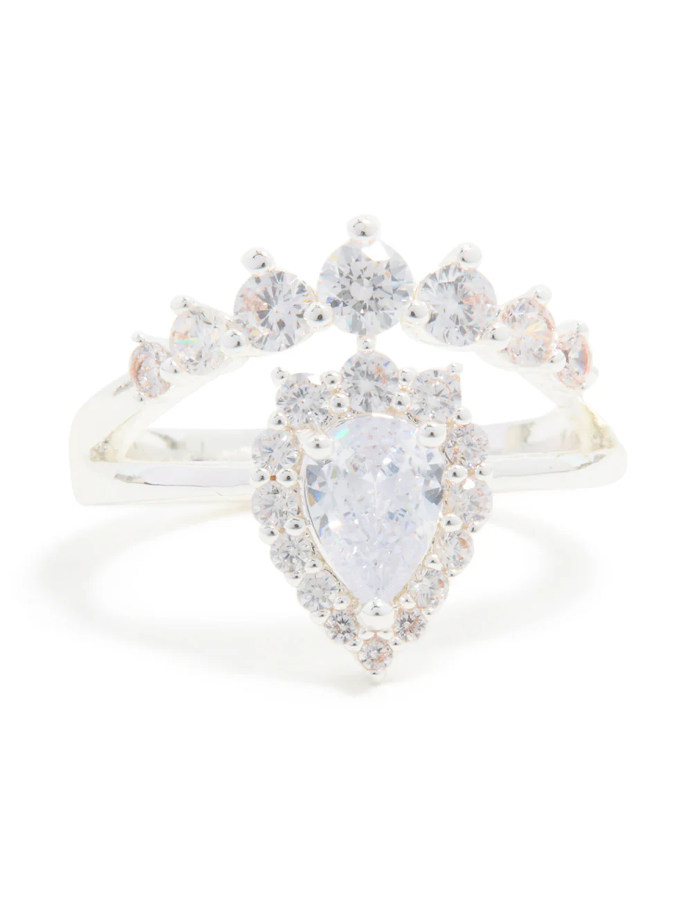 Silver Plated Cubic Zirconia Pear & Crown Layered Ring - Image 5
