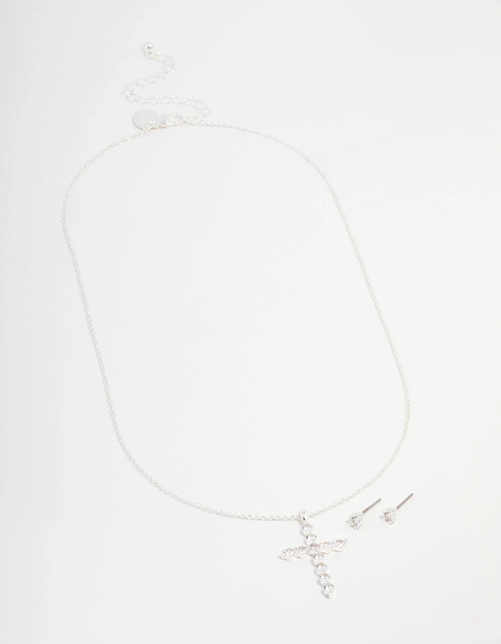 Silver Plated Cubic Zirconia Round Cross Necklace & Stud Earrings Set - Image 2
