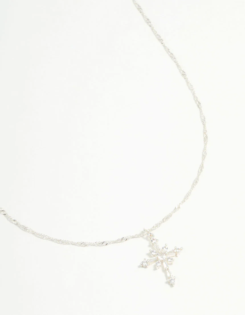 Silver Plated Cubic Zirconia Snowflake Cross Necklace