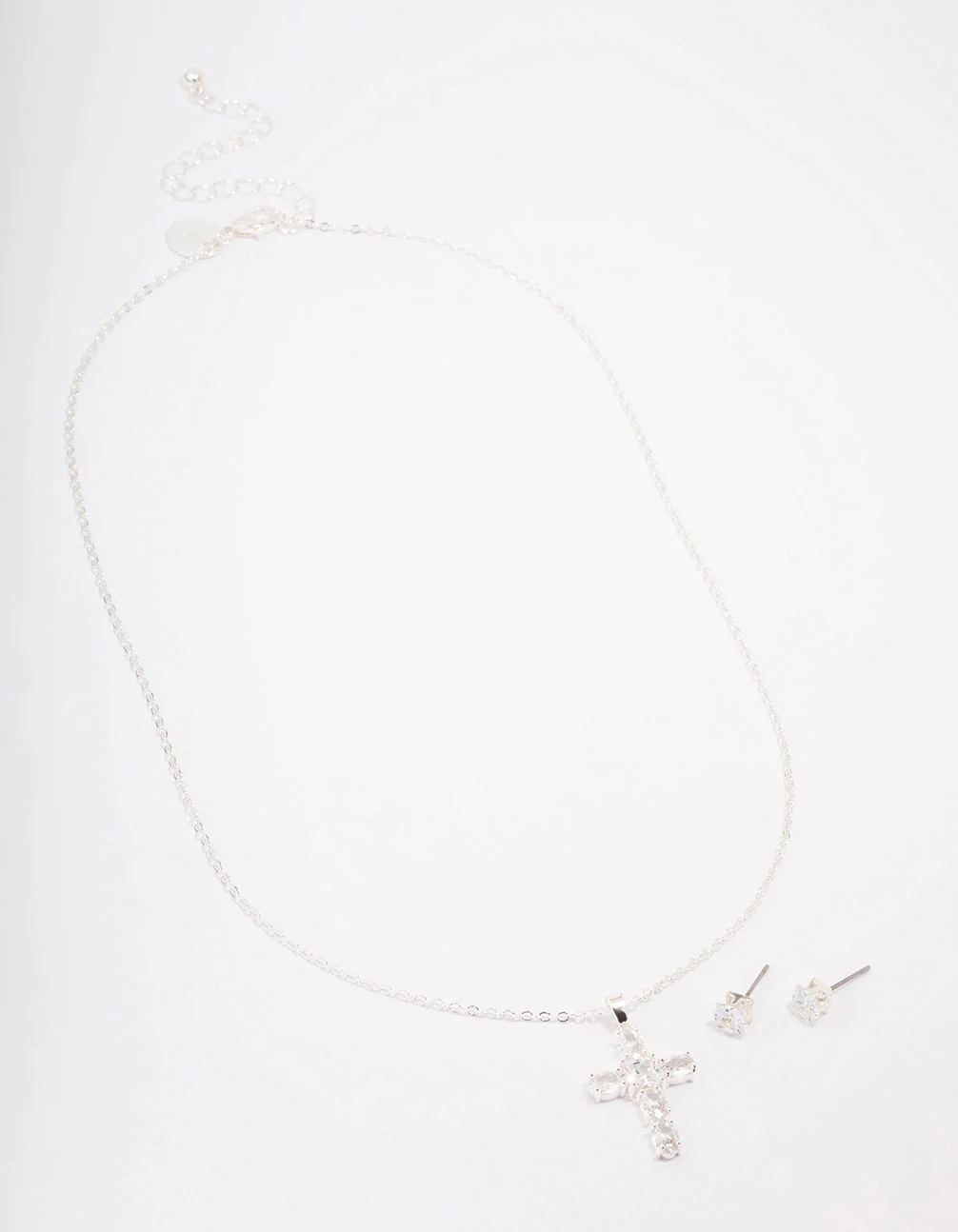 Silver Plated Cubic Zirconia Square Cross Pendant Necklace & Stud Earring Set - Image 2