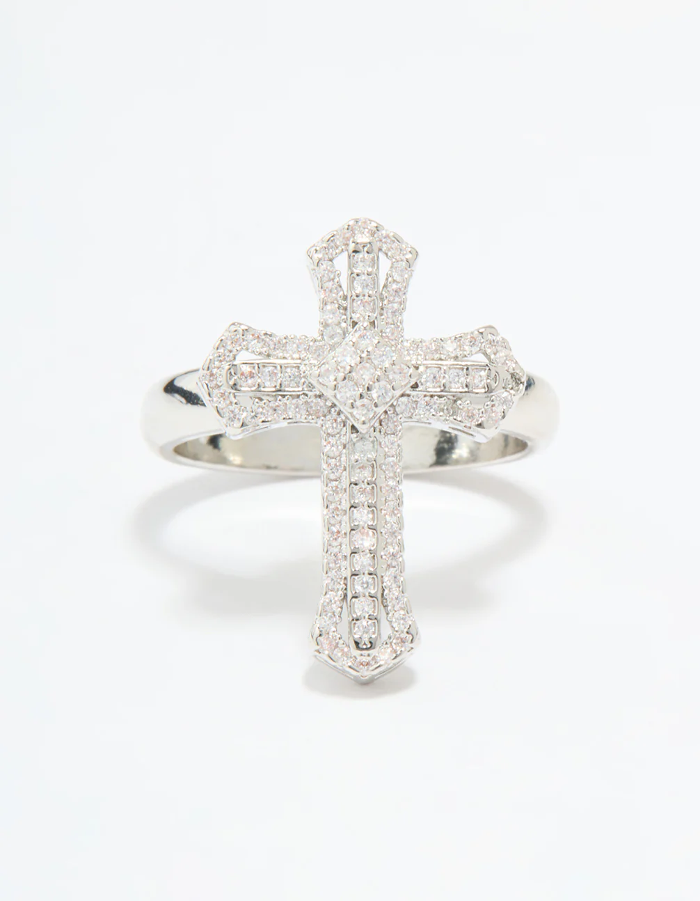 Silver Plated Cubic Zirconia Statement Cross Ring - Image 5
