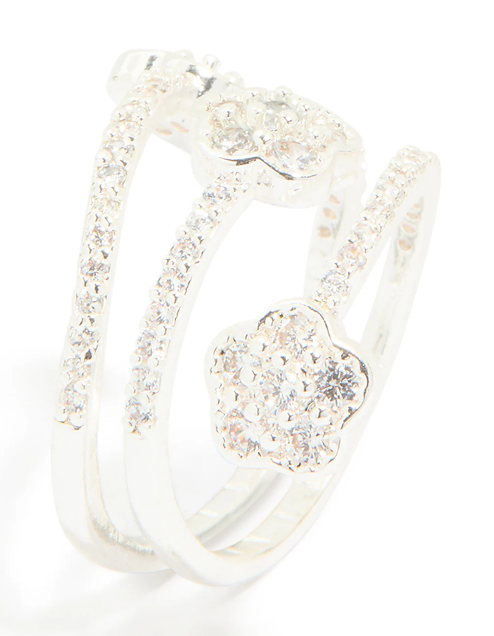 Silver Plated Cubic Zirconia Triple Layer Flower Wrap Around Ring - Image 4