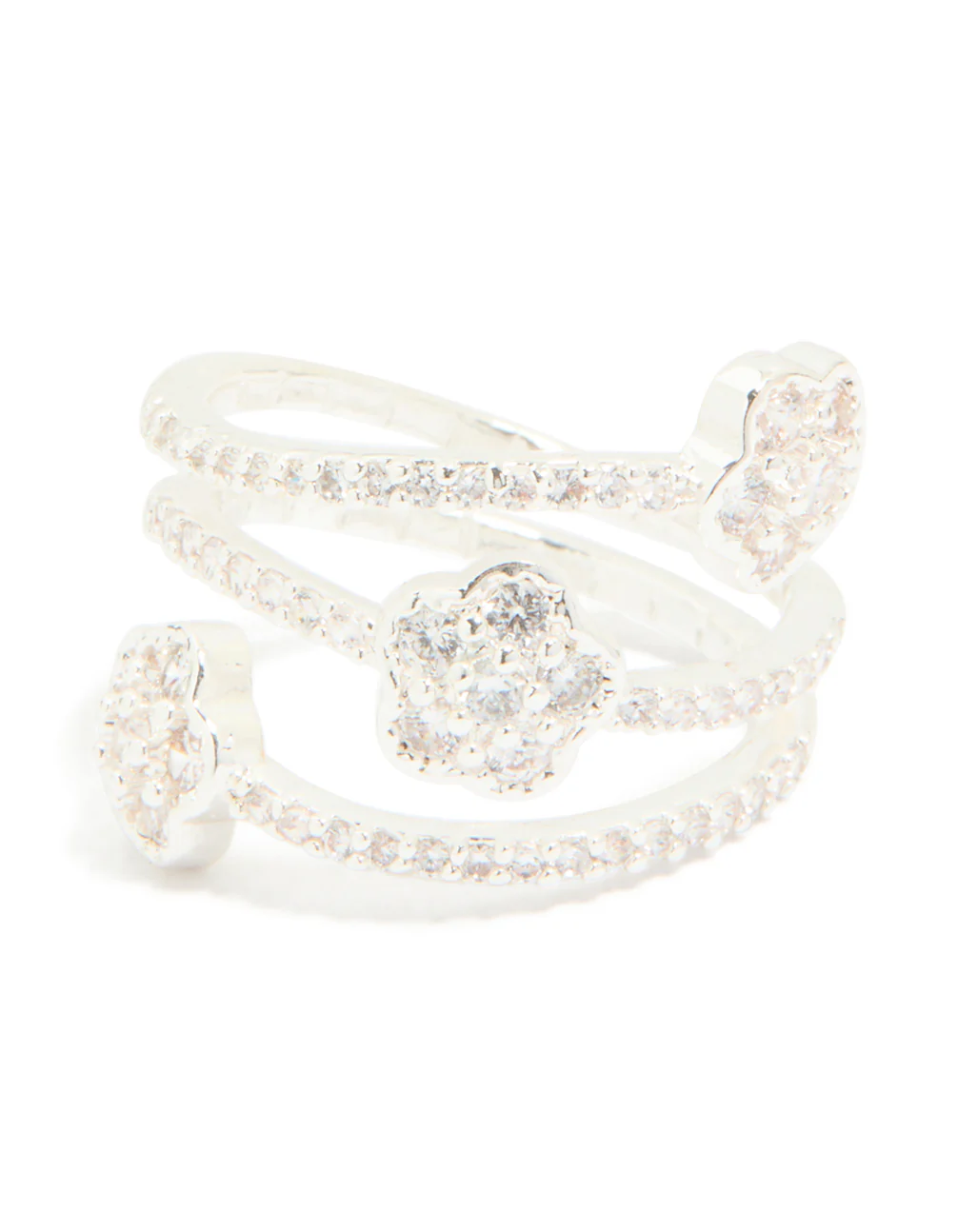 Silver Plated Cubic Zirconia Triple Layer Flower Wrap Around Ring - Image 5