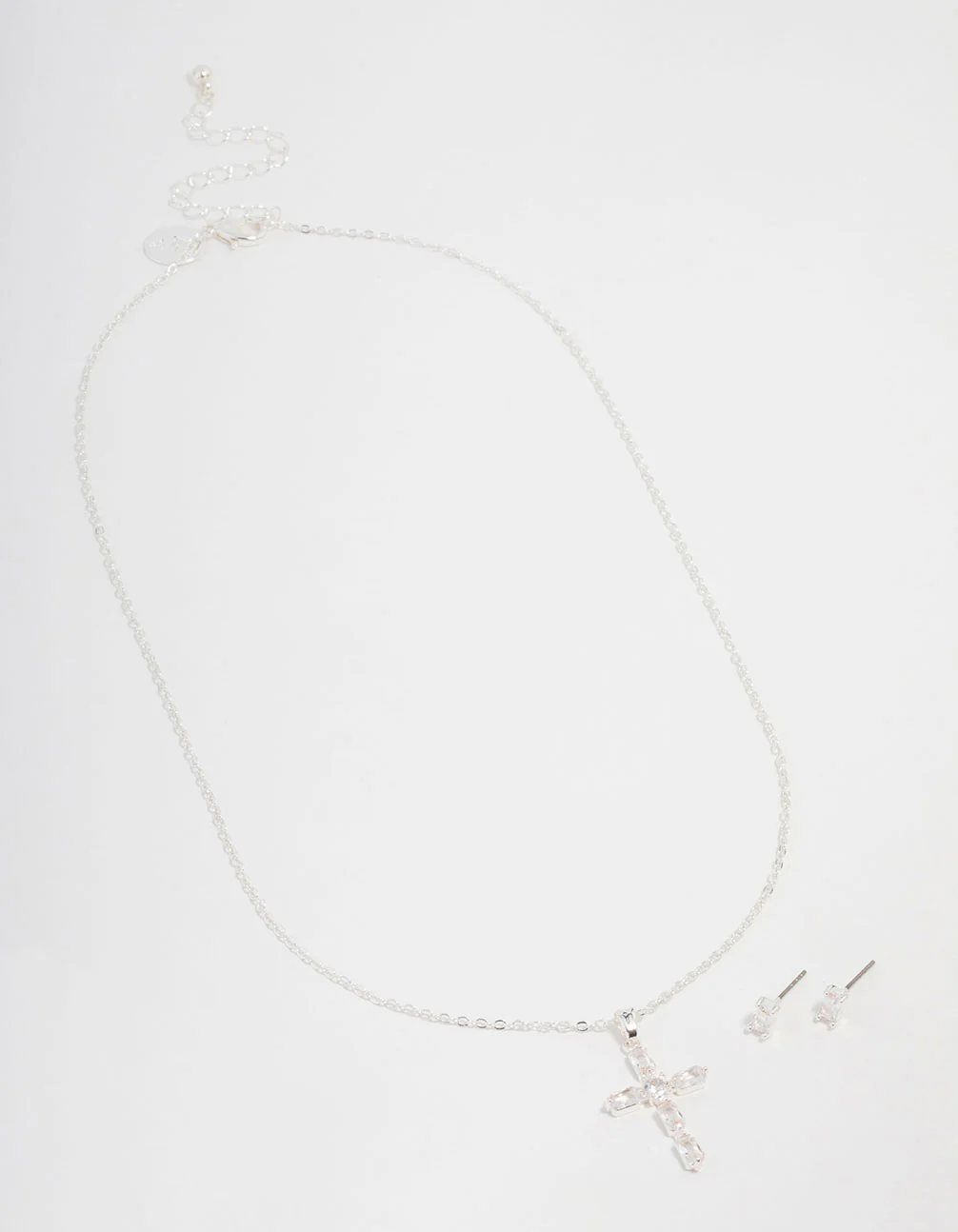 Silver Plated Diamante Cross Necklace & Stud Earrings Set - Image 2