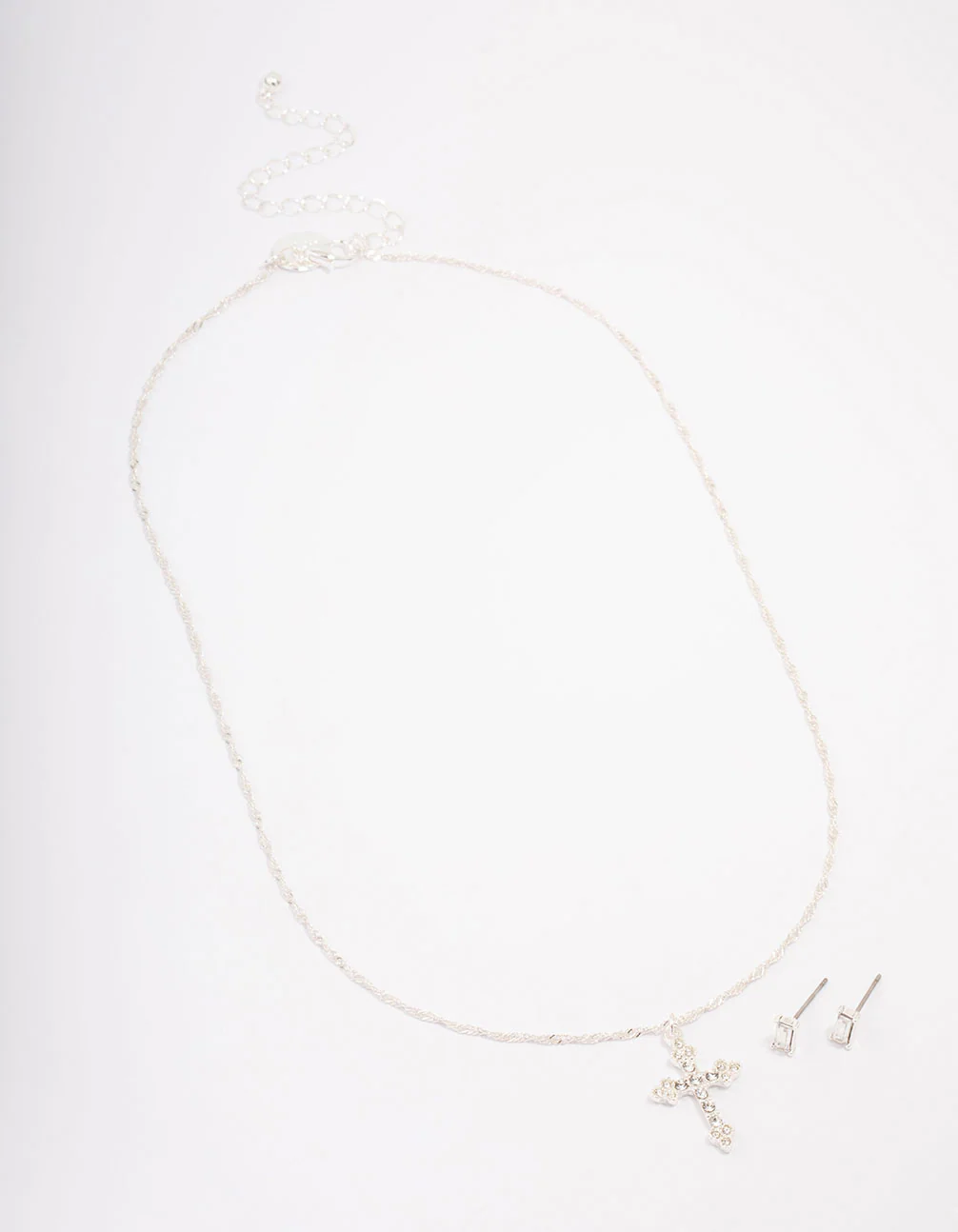 Silver Plated Diamante Cross Pendant Necklace & Stud Earring Set - Image 2