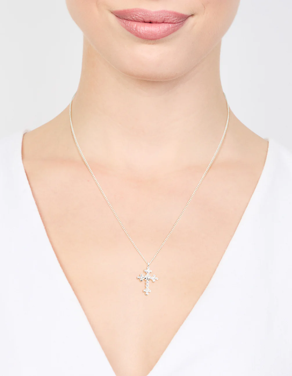 Silver Plated Diamante Rose Cross Pendant Necklace - Image 2